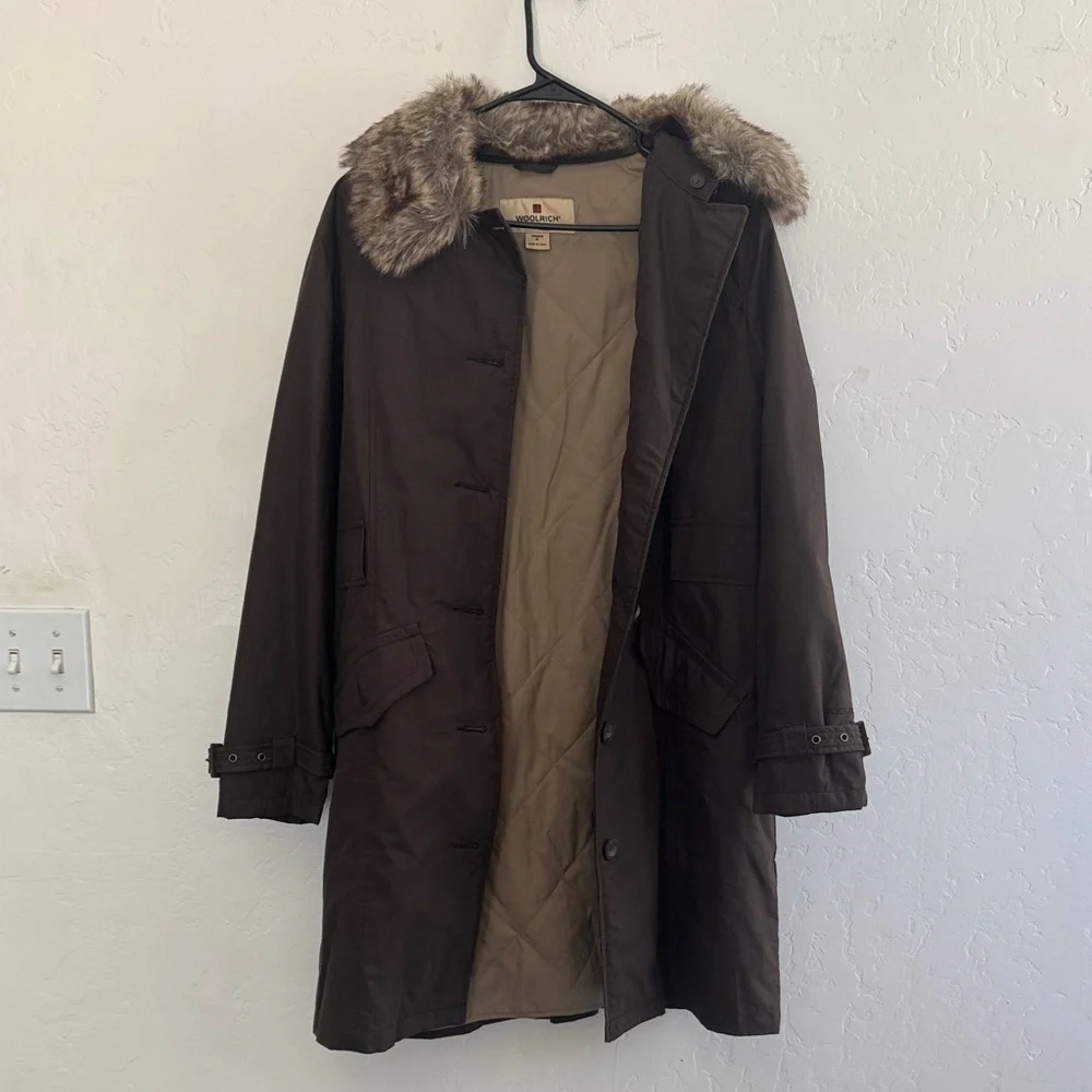 🧥 Woolrich Fur Hooded Parka Coat – Brown, Women’s M - Picture 1 of 4
